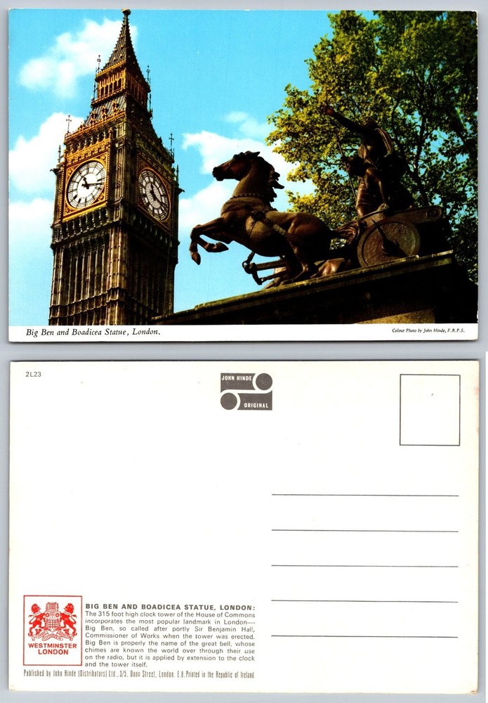 Vintage Big Ben Boadicea Statue London Postcard John Hinde Original