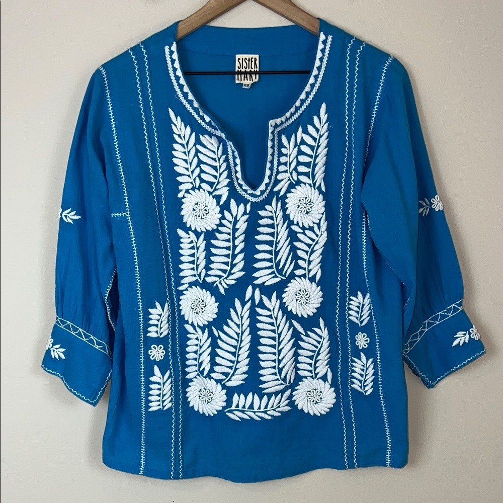 SISTER MARY Bohemian Embroidered Cotton Blouse Blue White Sz XS