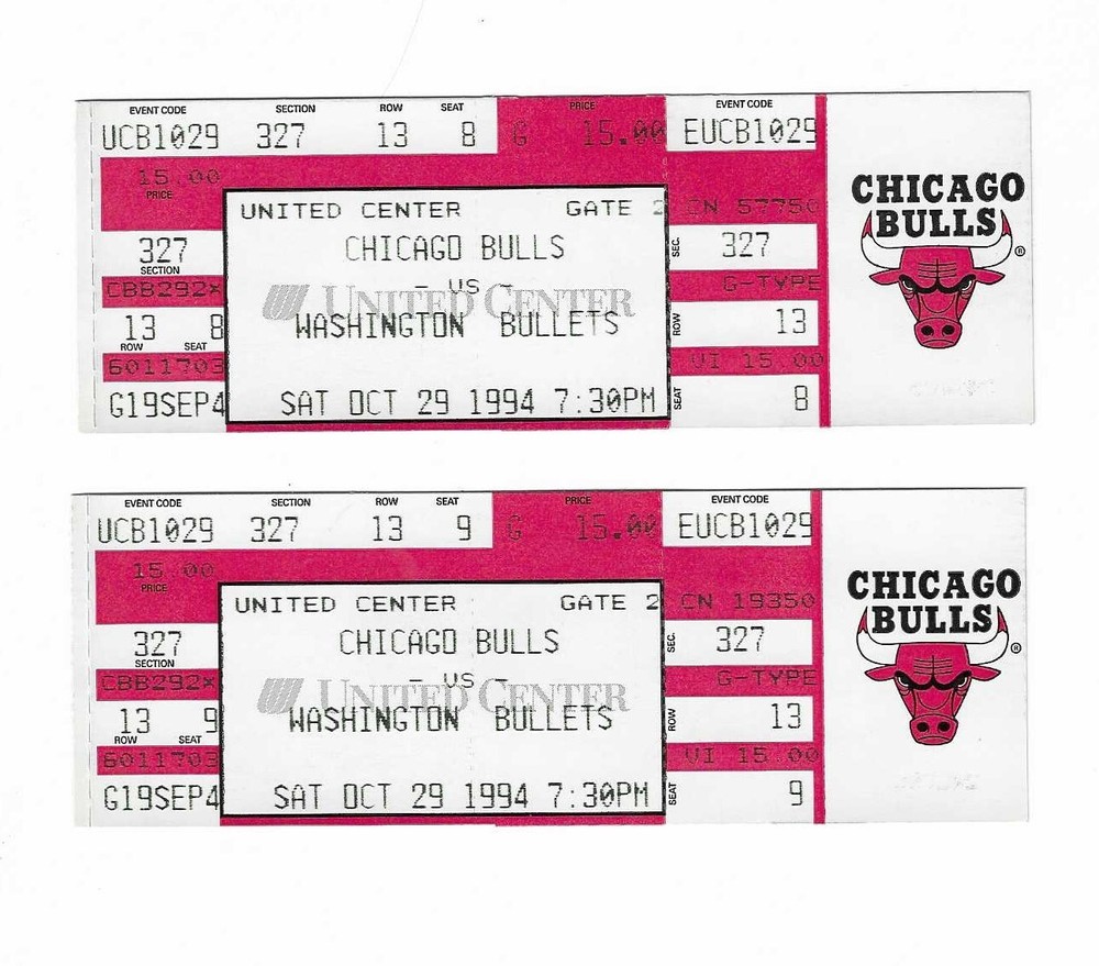 Chicago Bulls vs Washington Bullets Unused Basketball Tickets From 10/29/1994