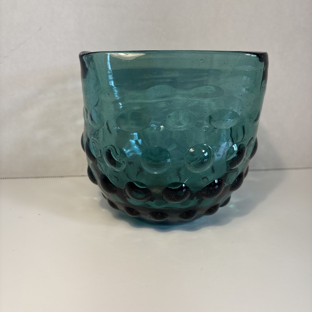 Art Glass Empoli Teal Blue Hobnail Vase Mid Century Italian Bowl  5”Tall