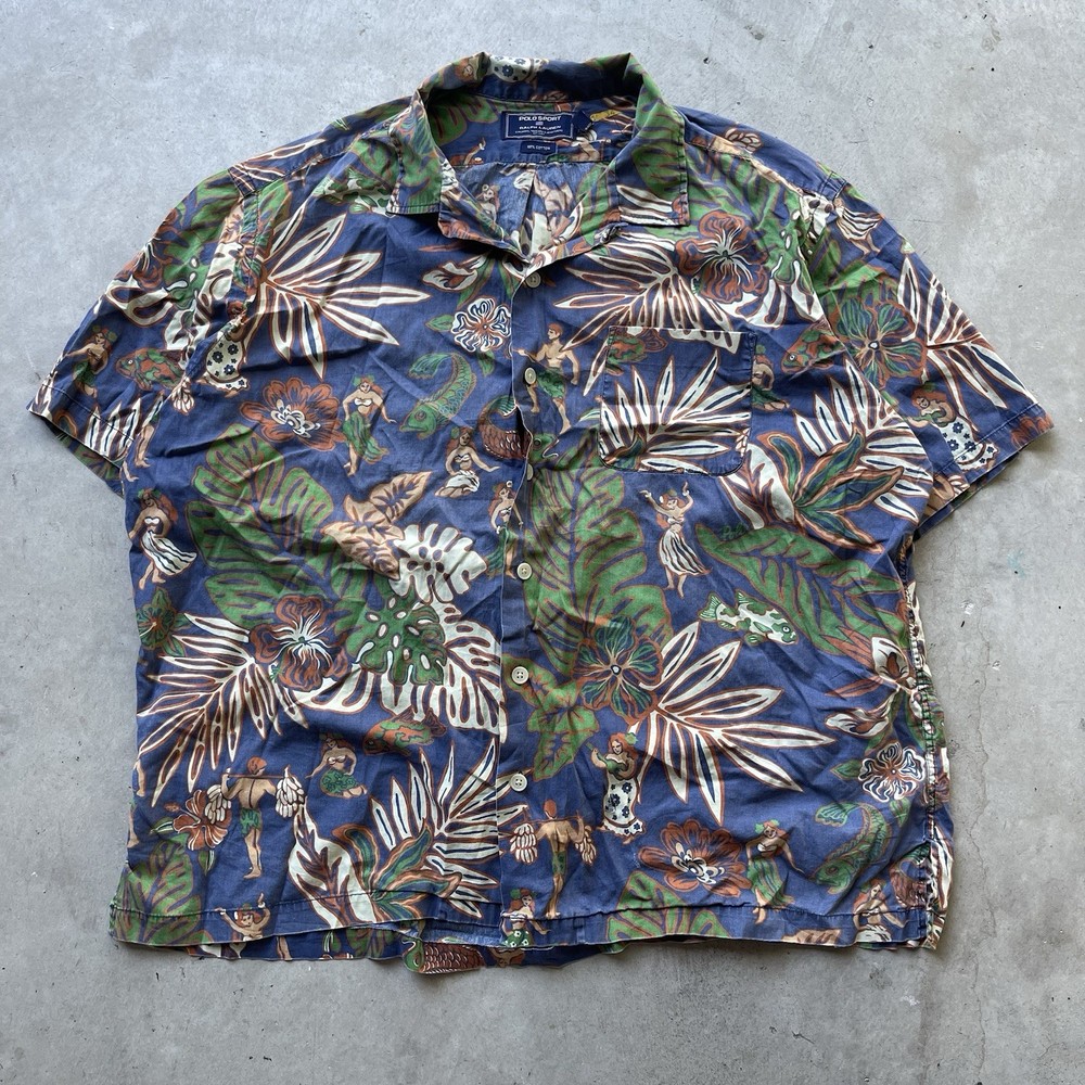 VTG Polo Sport Ralph Lauren Hawaiian Shirt Men's XXL Hula Girl Camp Loop Collar