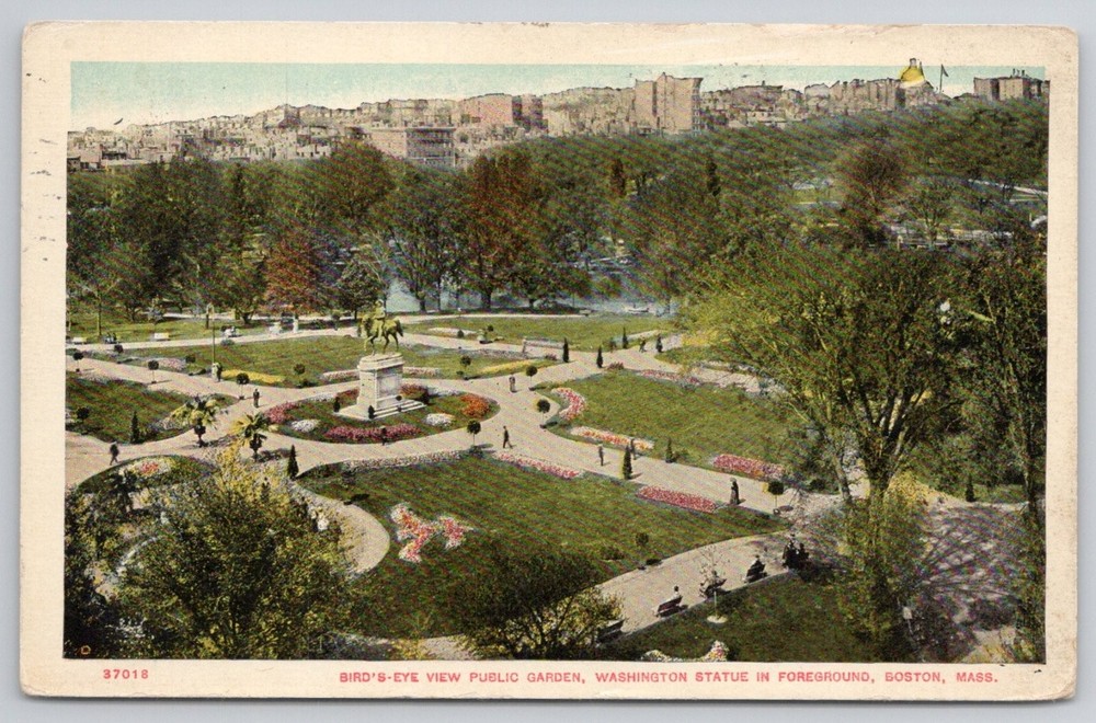 1910 Boston Public Garden Bird's-Eye View Washington Statue Postcard