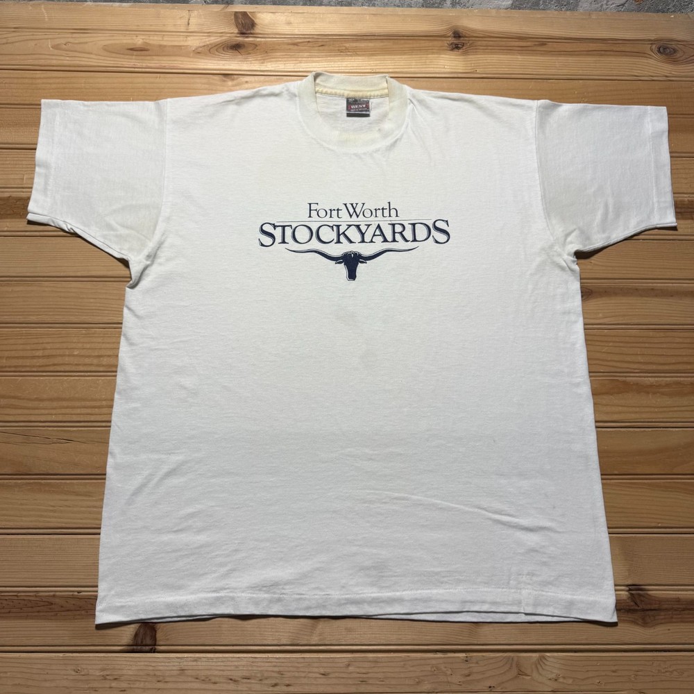 Vintage 90s Fort Worth Stockyards Texas Longhorn Cow Graphic T-Shirt USA - XL