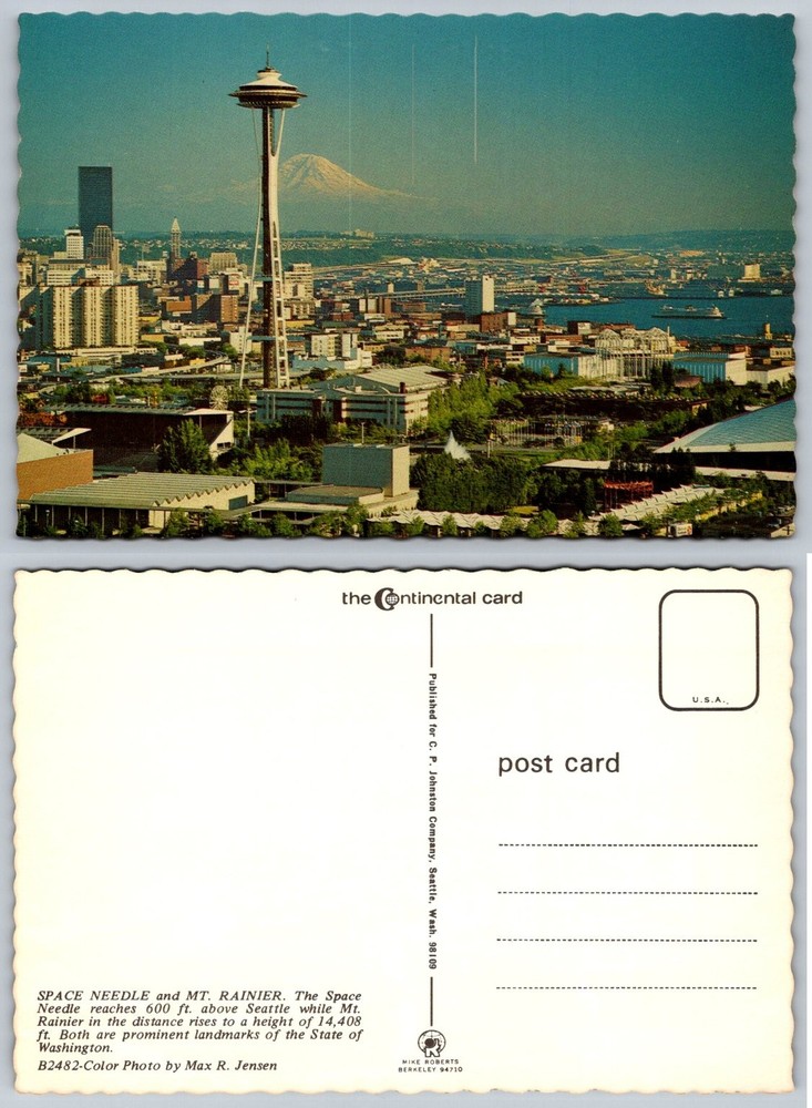 Seattle Space Needle Mt Rainier Vintage Postcard Max R Jensen Continental Card