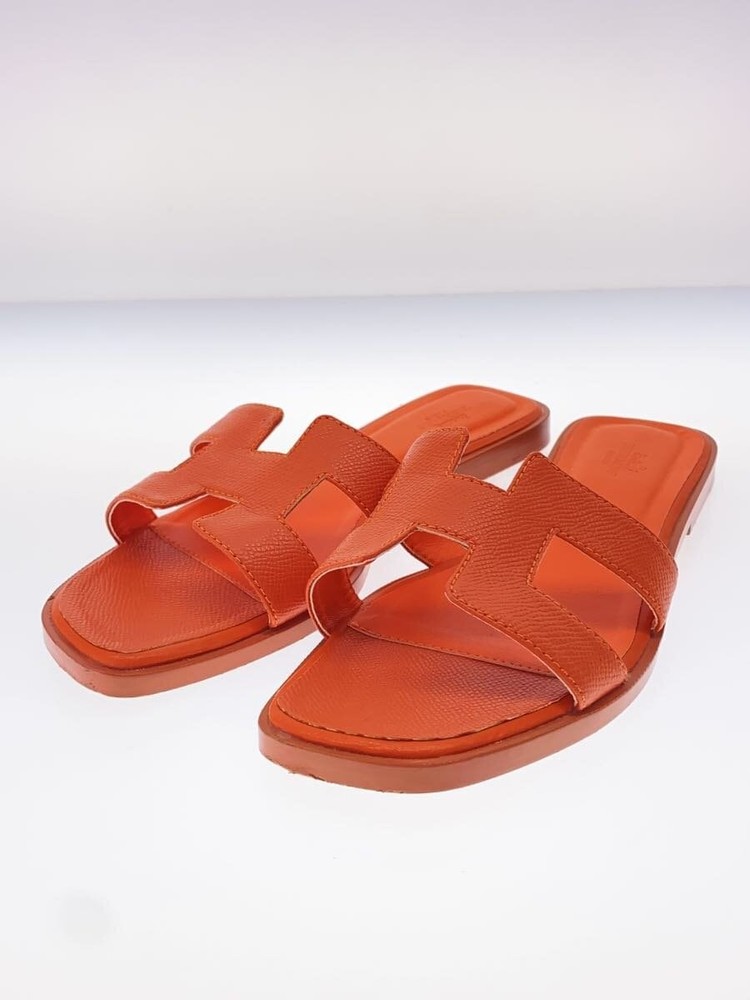 Authentic HERMES Oran Sandals EU 37 Orange Leather H Cut-Out Preowned