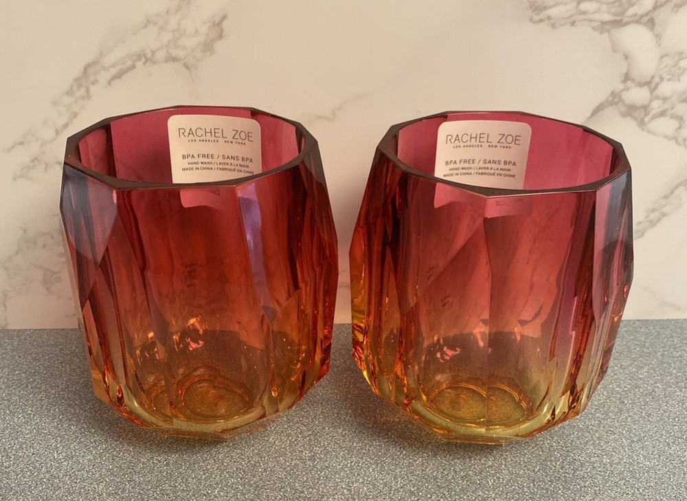 Rachel Zoe🔥Ombre Hot Pink & Yellow Acrylic Diamond Cut Stemless Wine Glass- S/2