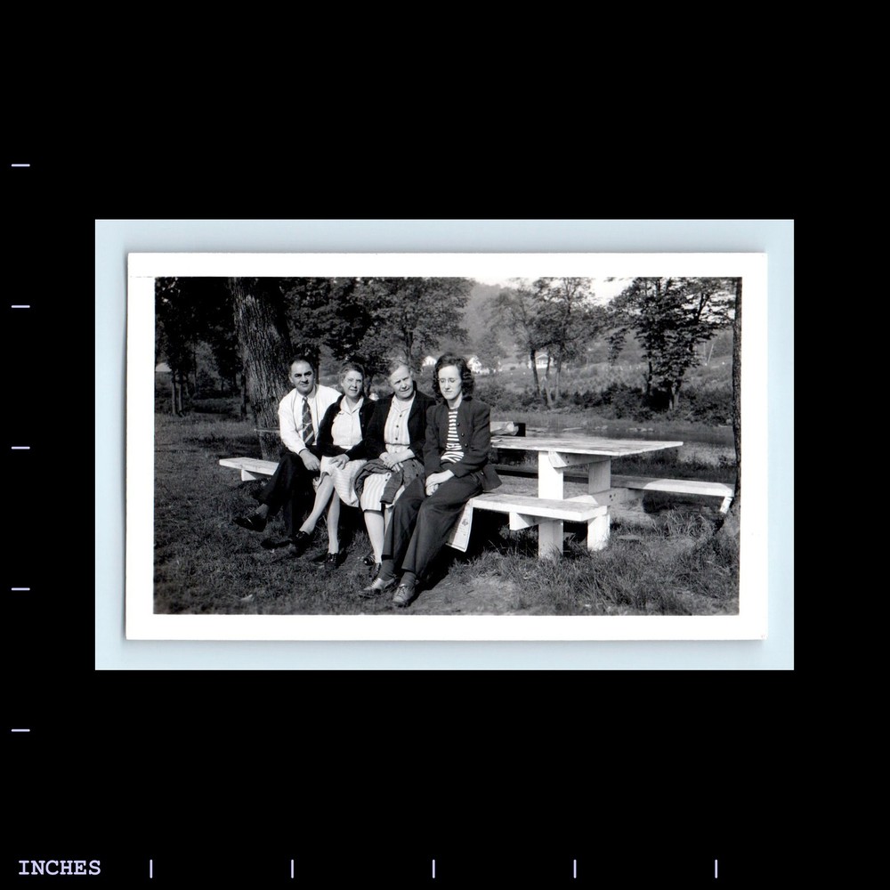 Old Vintage Photo MAN WOMEN SITTING AT PICNIC TABLE 1942