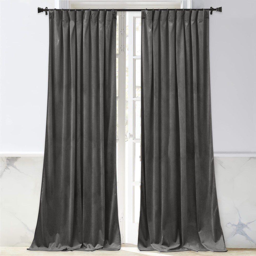 84-inch Grey Velvet Curtains with Back Tab for Sound Reduction and Light Blocking