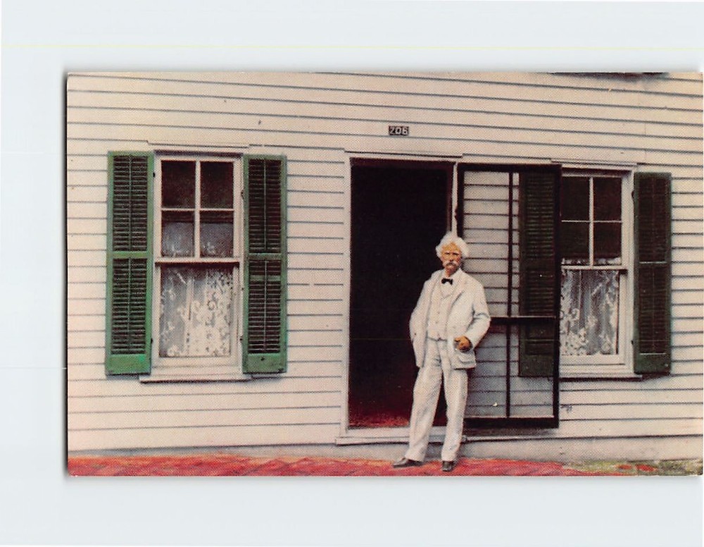 Postcard Mark Twain in Front of His Boyhood Home Hannibal Missouri USA
