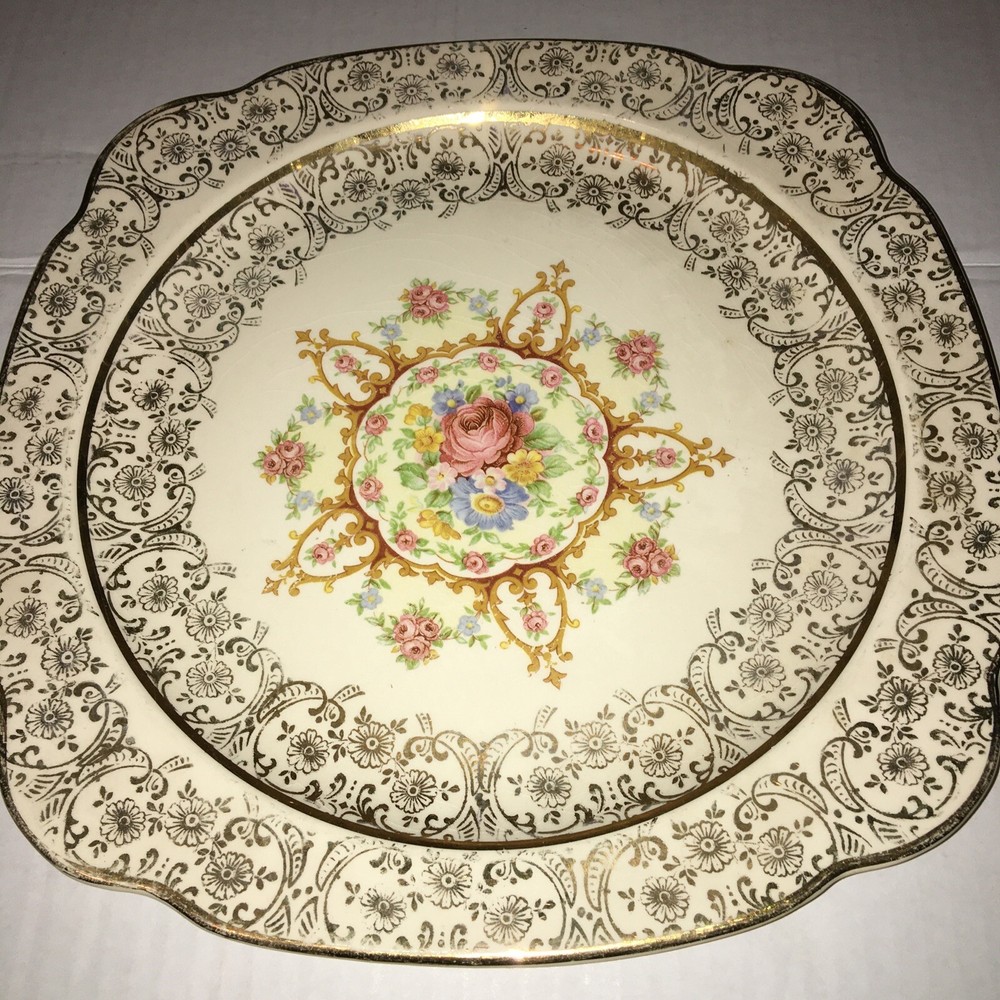 Paden City Pottery 22k square Platter 10” Cottagecore Royal China Gold Floral