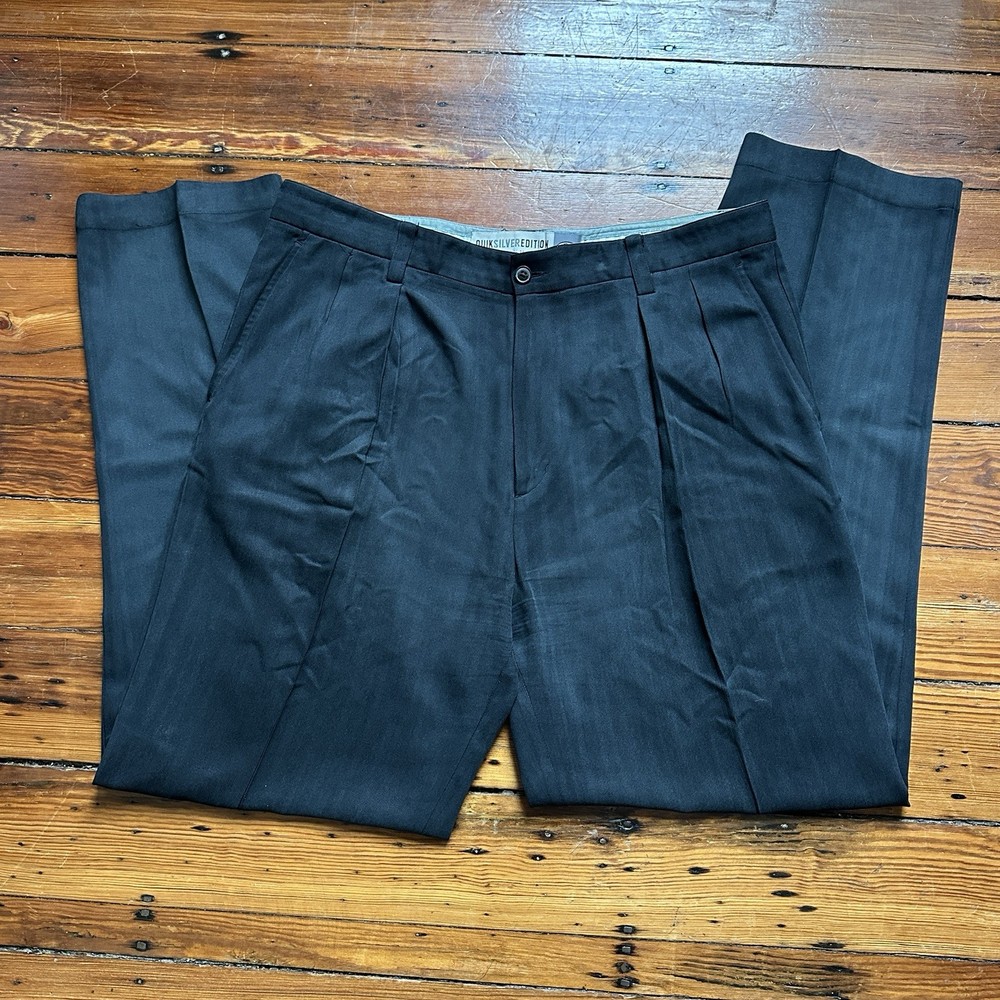 Quiksilver Pants Men 36x32 Silver Edition Y2K Retro Pleated Trouser Black Silk