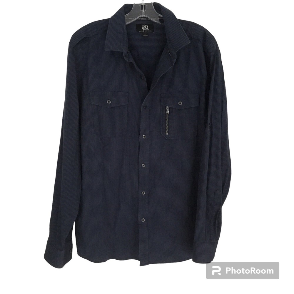 Rock & Republic Striped Navy Button Textured Shirt Men’s Large
