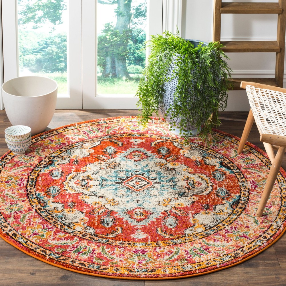 Vintage Orange and Light Blue Round Rug 5x5 Feet