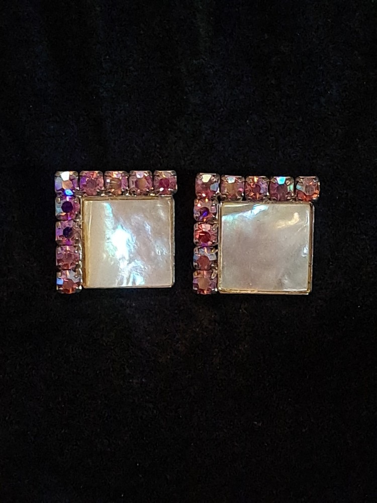 Vintage 60's Mother Of Pearl AB Rhinestones Square Gold Tone Clip On Earrings