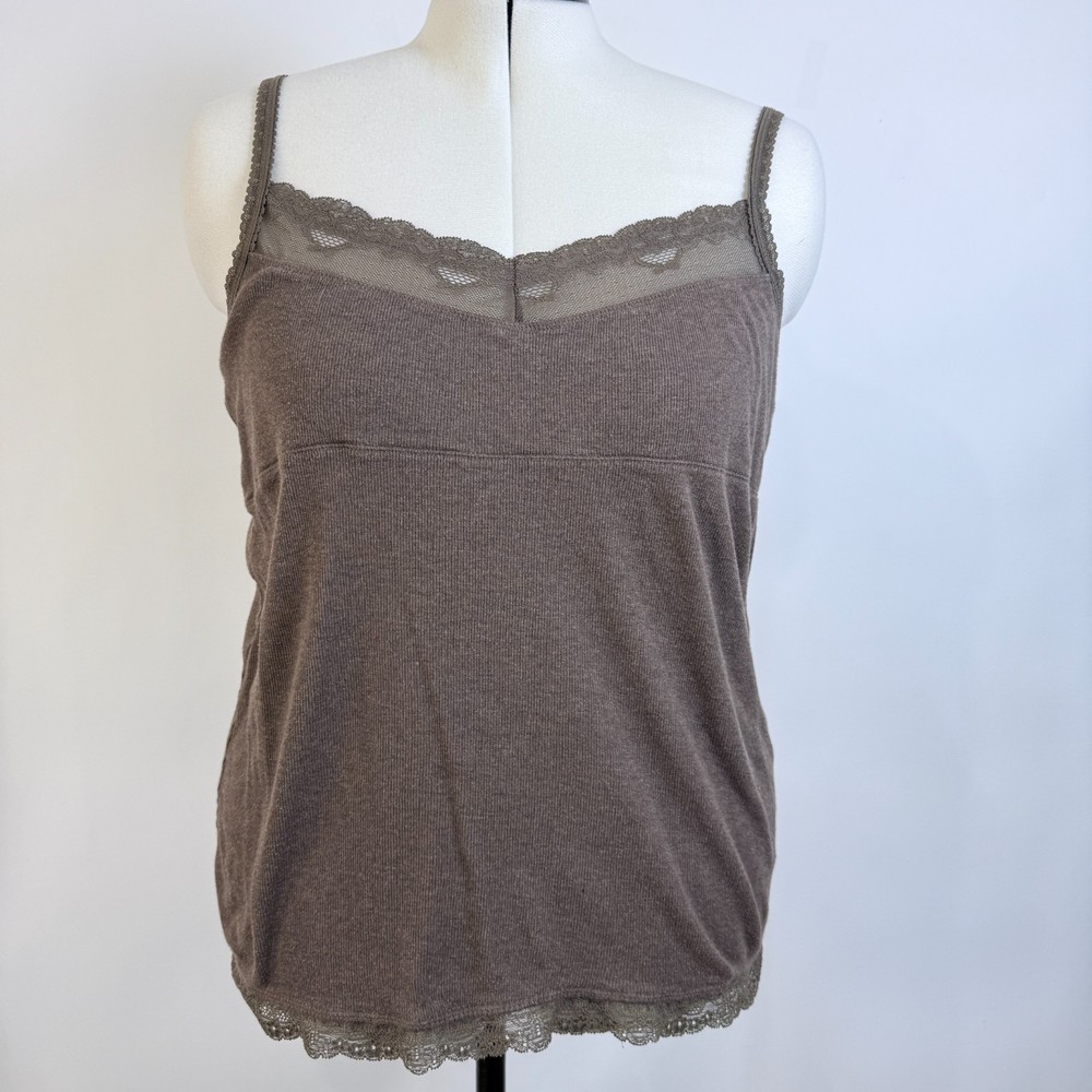 Old Navy Y2K Ribbed Babydoll Cami Top XL Brown Lace Trim Fairy Grunge Coquette