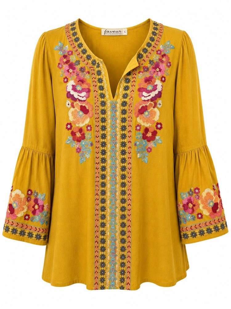 Faveur Boho Embroidered Floral Tunic Top Mustard Yellow Women’s Large Peasant