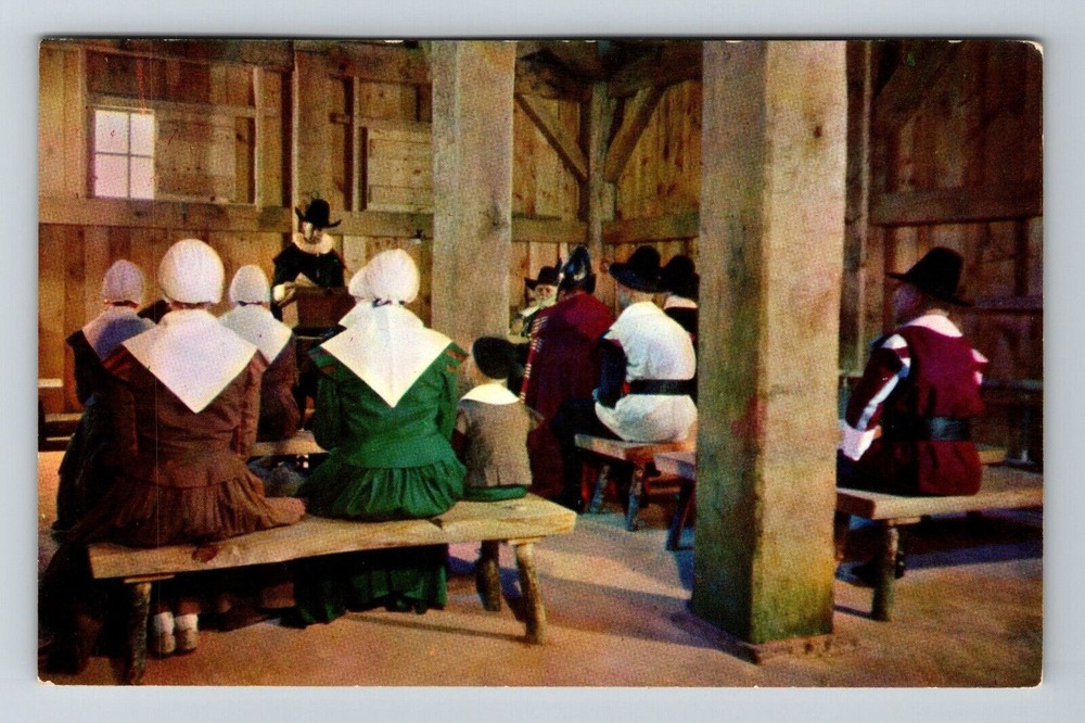 Plymouth MA-Massachusetts, Interior, First Fort Meeting House, Vintage Postcard