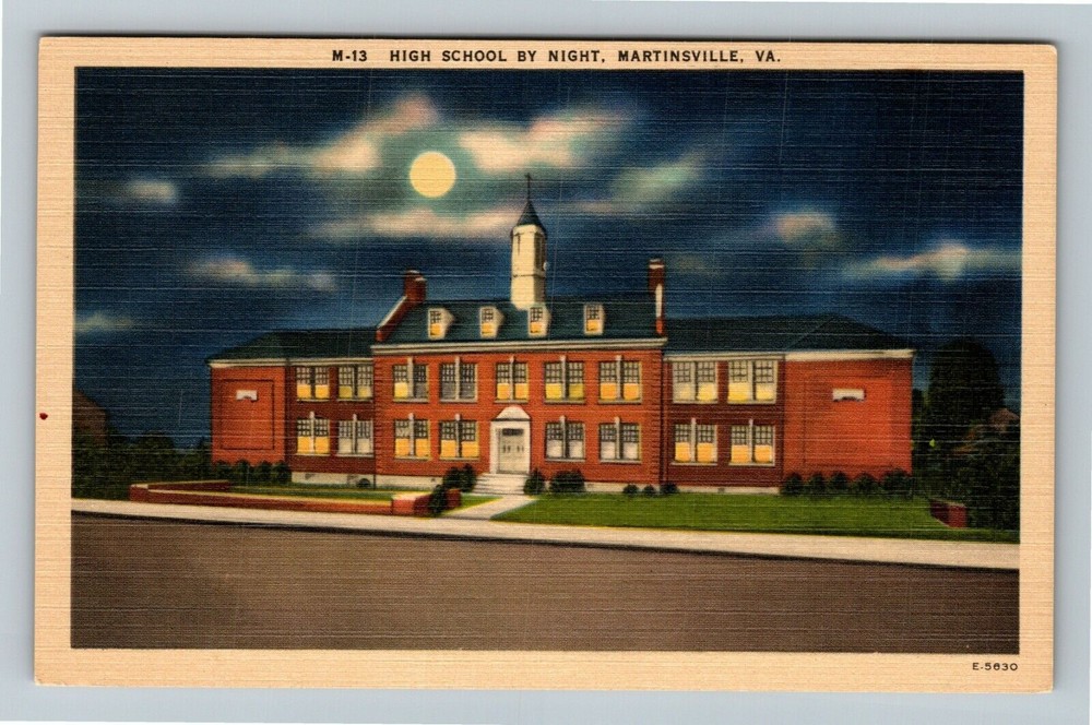 Martinsville VA-Virginia, High School By Night, Moonlight Vintage Postcard
