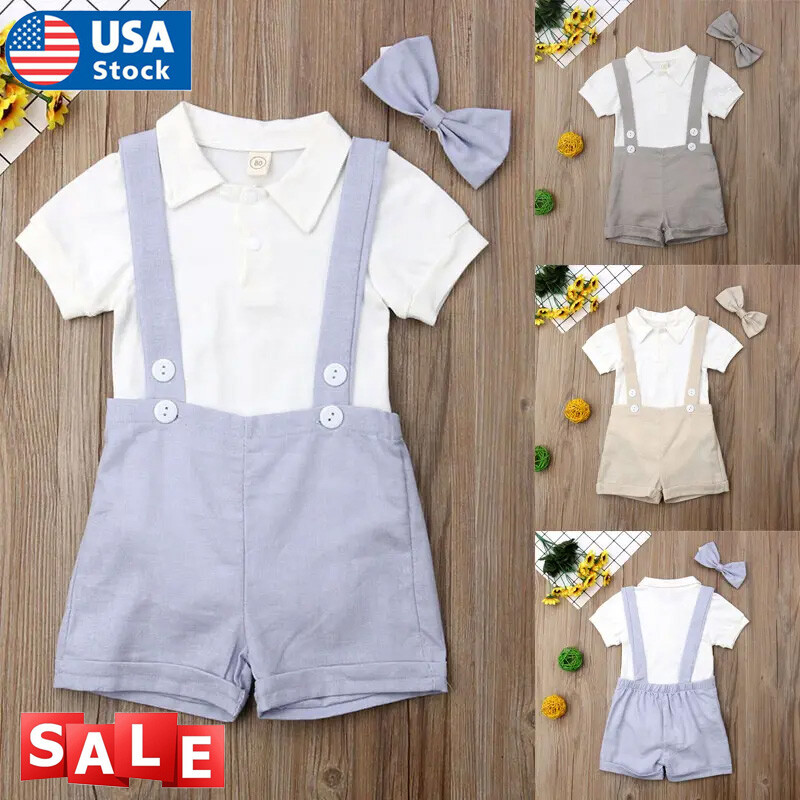 2PCS Baby Boy Gentleman Bow Tie Stripe Shirt +Pants Toddler Clothes Outfit