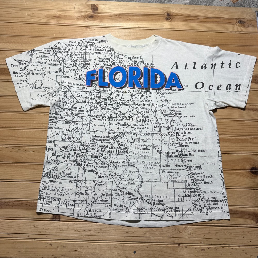 Vintage 90s Florida Map All Over Print Travel Souvenir Tourist Shirt - Size 2XL