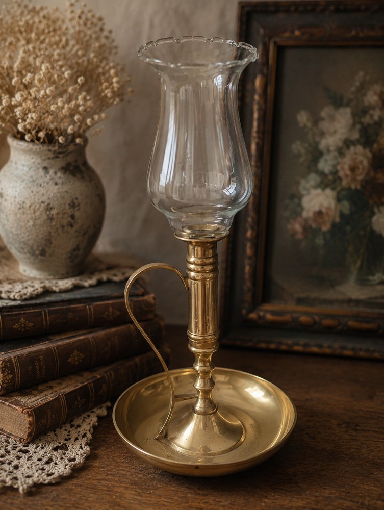 Vintage Brass Chamberstick Candle Holder with Etched Hurricane Glass Shade