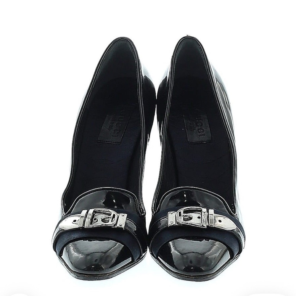 Gucci Black Patent Leather Pumps with Silver Buckle and Blue Satin Heels EU 36