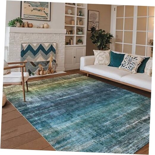 Abstract 8x10 Area Rug - Soft Bedroom & Living Room Rug in Ocean Teal Cactus Amber-image