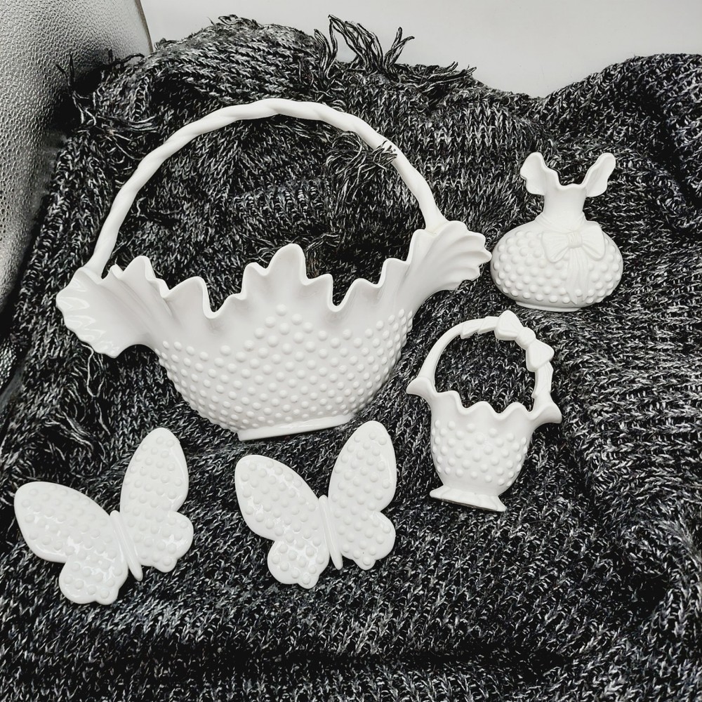 Burwood White Hobnail Wall Decor Vase Butterflies Basket Set Of 5