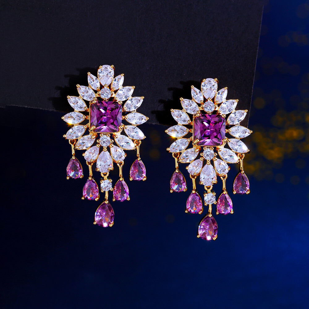 Classy Gold Plated CZ Leaf Purple Tassel Square Dangle Drop Earrings for Women
