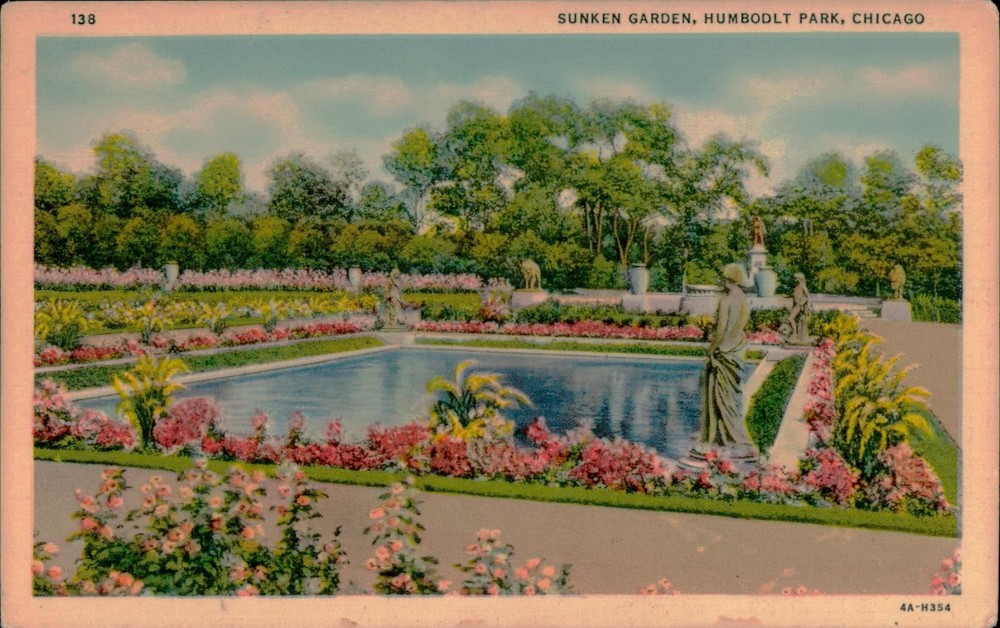 Sunken Garden Humboldt Park Chicago Postcard Curt Teich Artcolortone Unposted