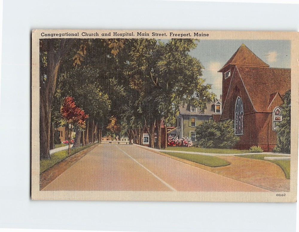 Postcard Congregational Church and Hospital Freeport Maine USA
