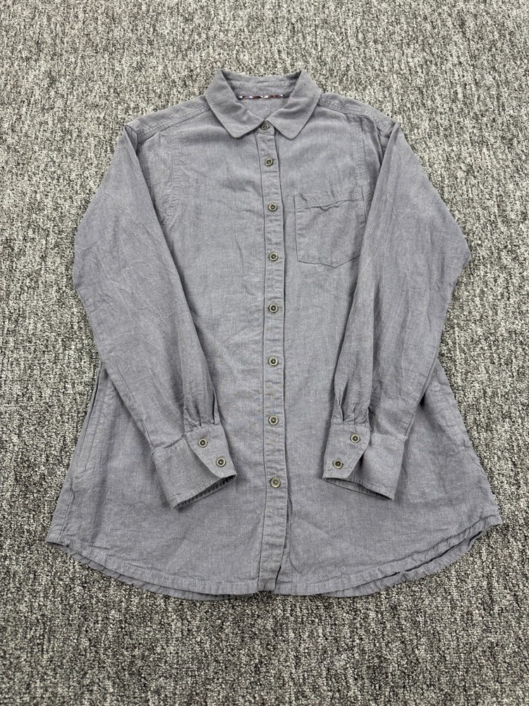 Prana Top Women Small Aster Gray Hemp Roll Tab Sleeve Button Up Shirt Tunic
