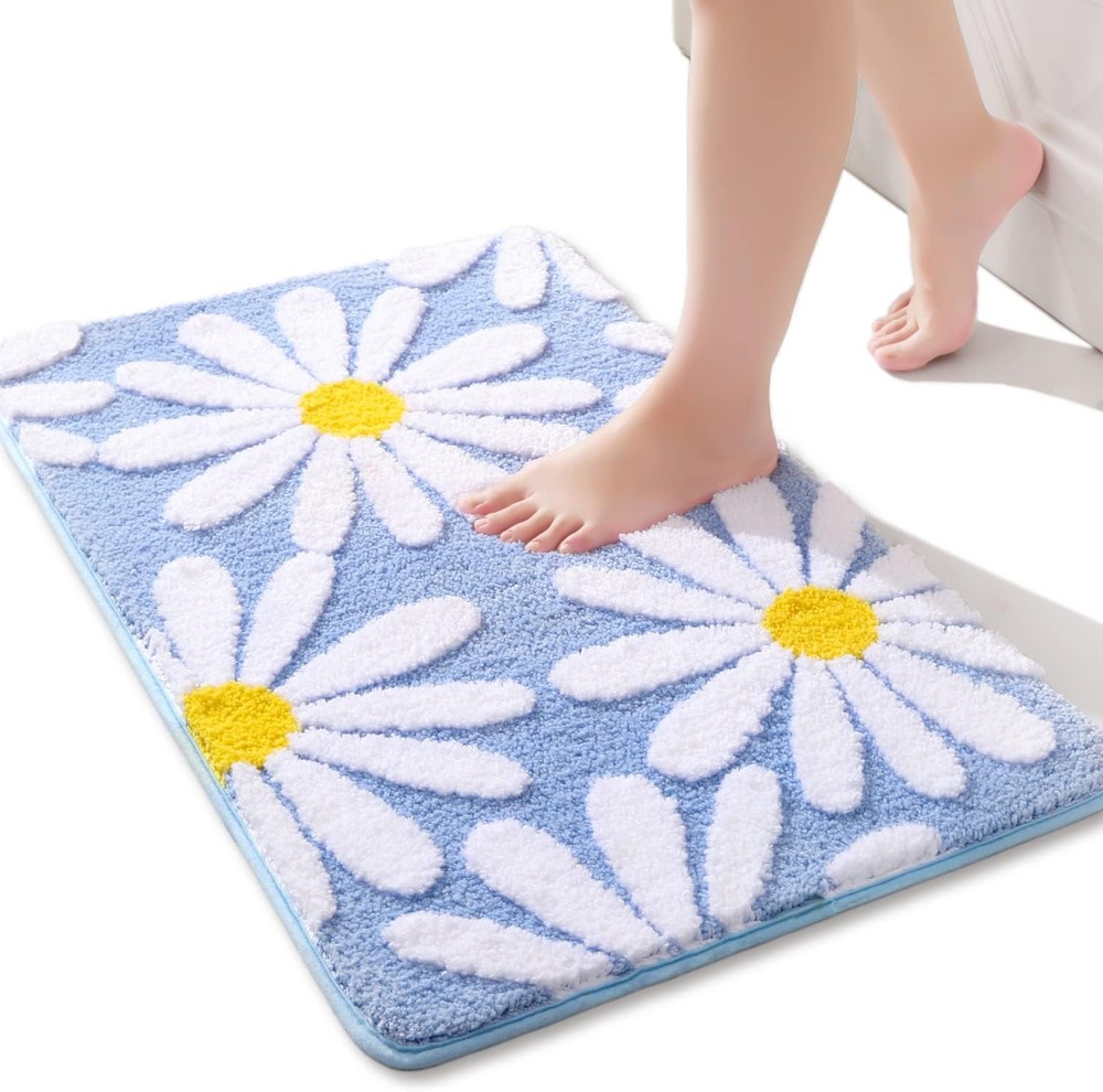 Blue Bathroom Rugs Cute Daisy Bath Mat White and Yellow Flower Decor Rug Non ...