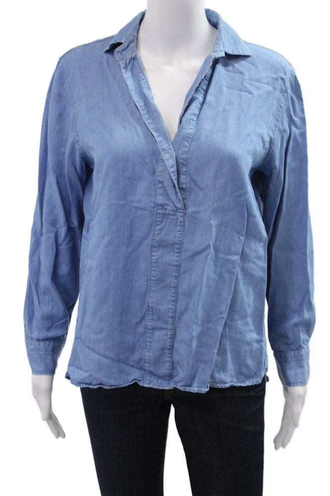 Massimo Dutti Women Basic Blue Lyocell Collared Long Sleeve Blouse Size 8Free Shipping in US $100+ Orders | $6.95 Orders Below