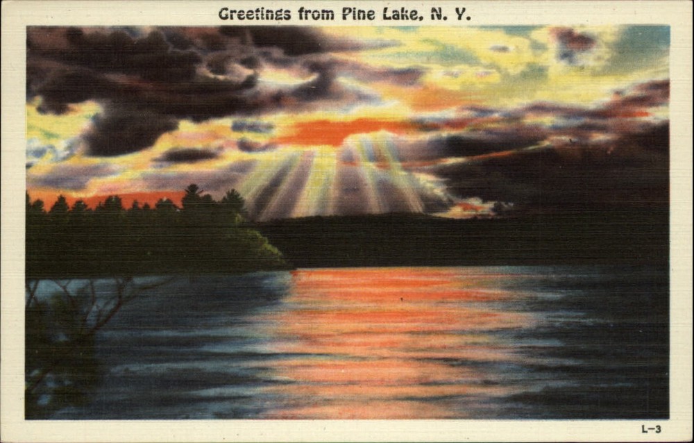 Greetings Pine Lake New York sunset ~ 1930s vintage postcard