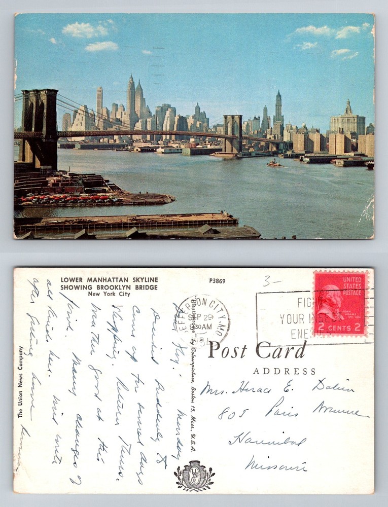 New York City NY, Brooklyn Bridge Lower Manhattan Skyline Vintage Postcard
