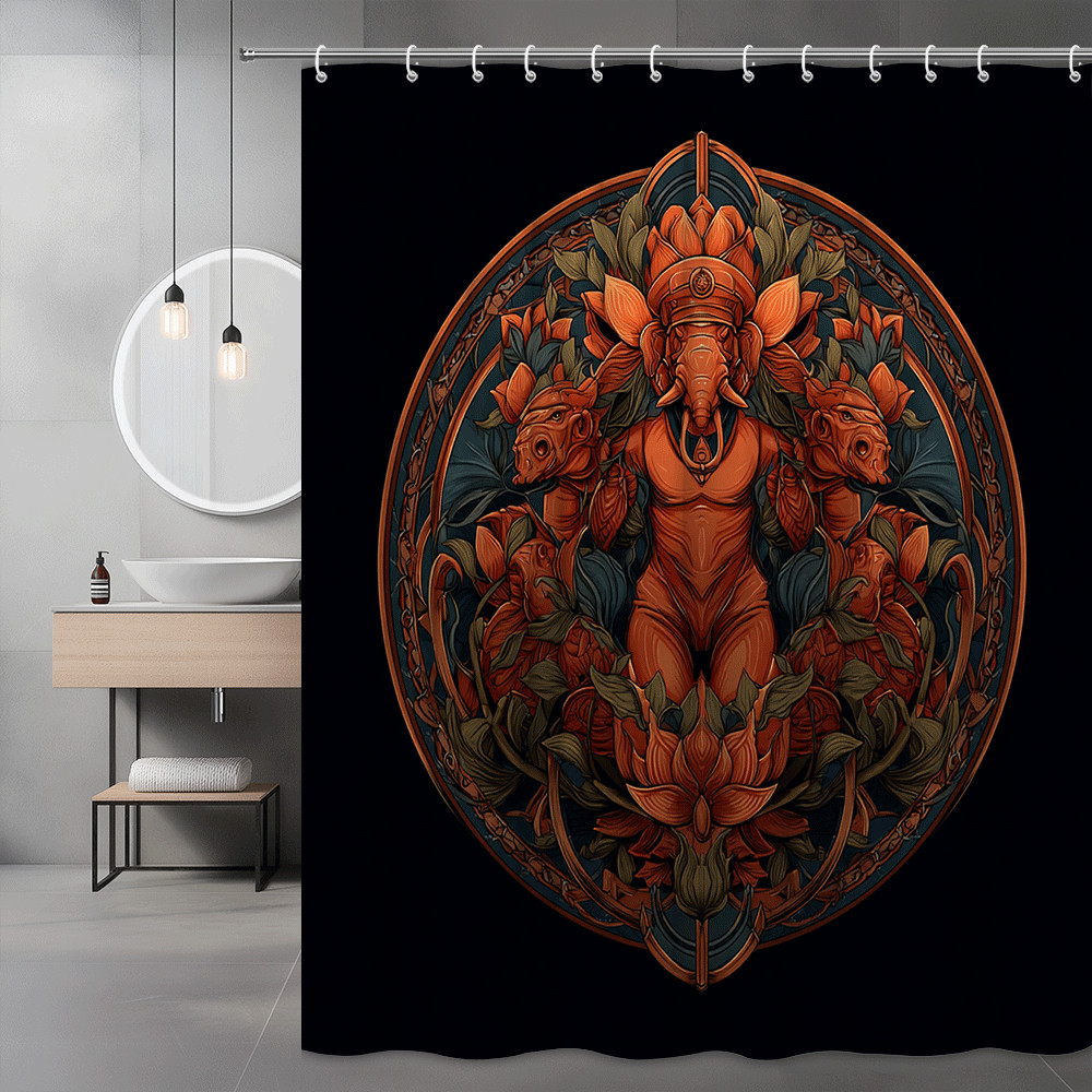 Elephant Floral Shower Curtain Graphic Orange Black