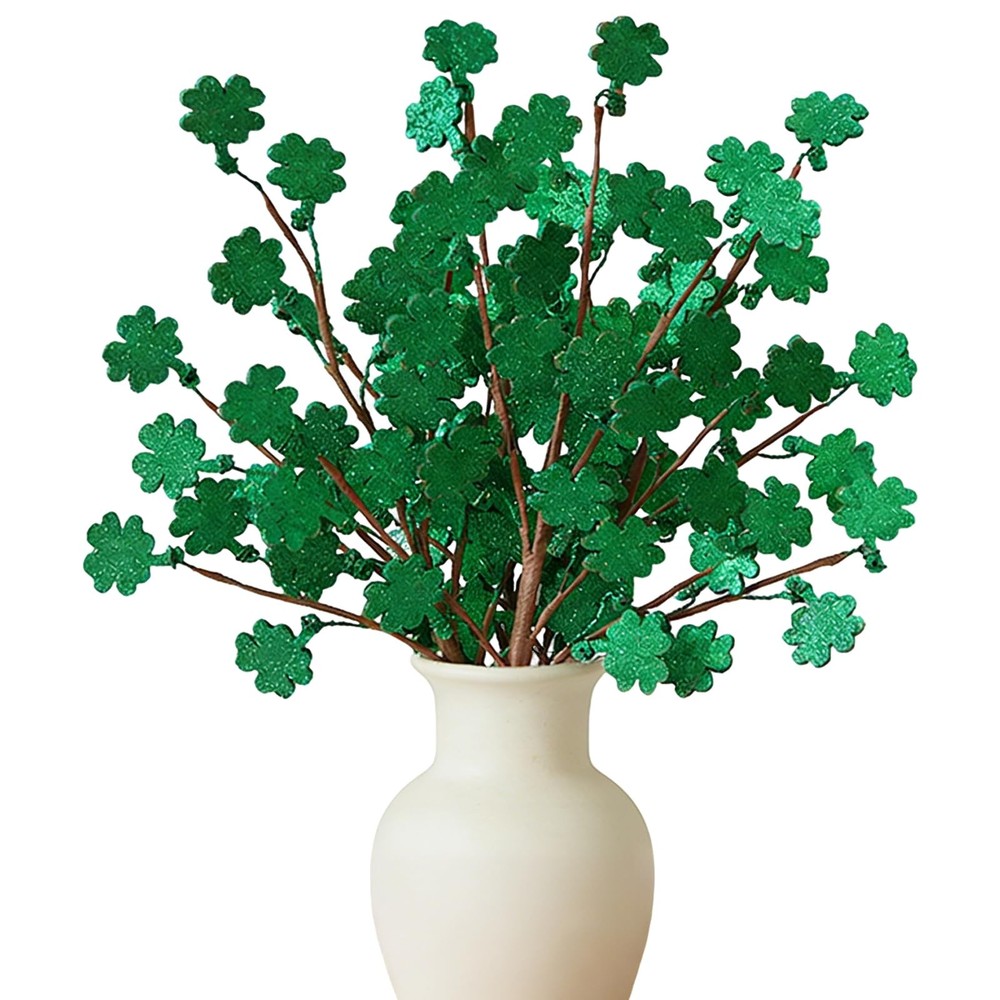 St. Patrick's Day Shamrock Picks, Set of 6 16 Inch Glitter Green Floral Picks fo