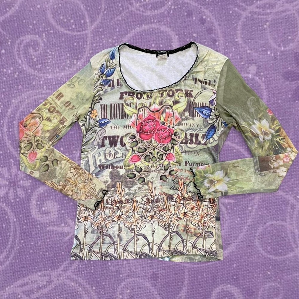 Vintage Y2K Yukiko multicoloured long sleeve top with floral and rose Size M