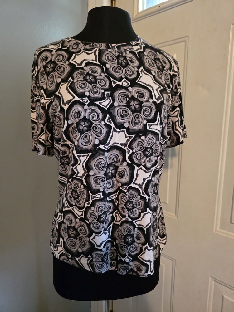 St John Large Floral Print Blouse Black White Brown Size XL Boho GrandmaCore