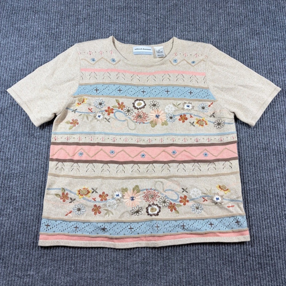 Alfred Dunner Shirt Women's Petite XL Tan Embroidered Floral Short Sleeve Knit