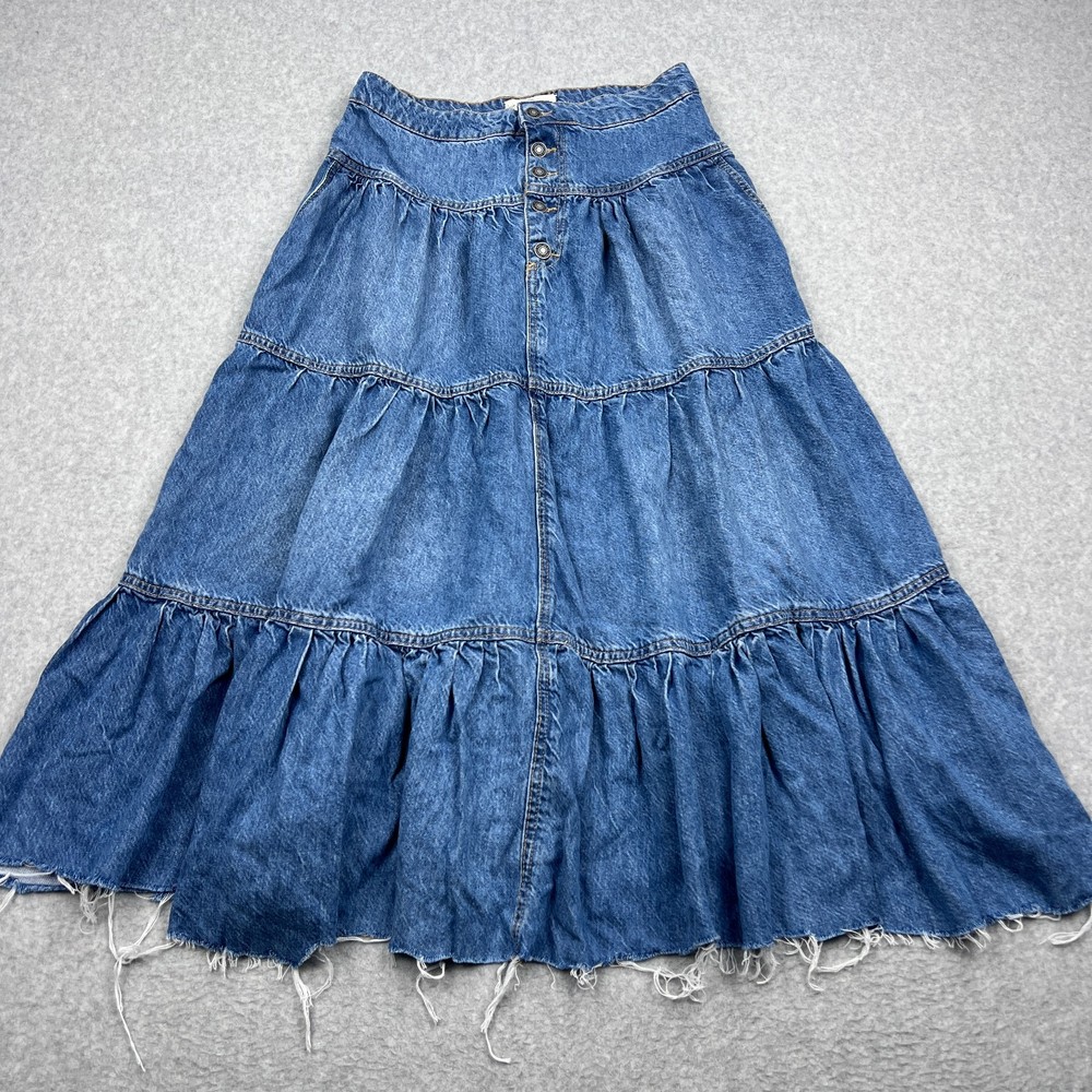 We The Free People Dreamweaver Maxi Skirt Womens Small Blue Denim Tiered Jean