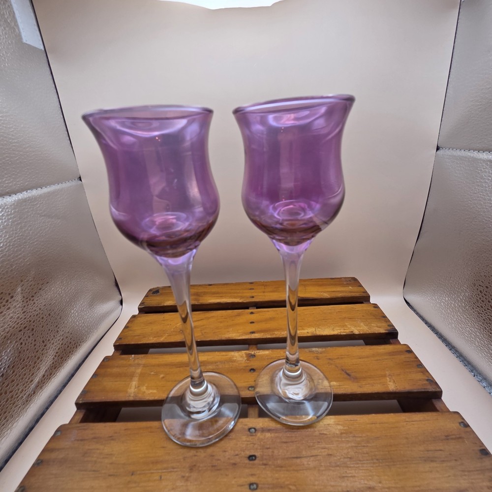 VTG Amethyst Purple Glass Tulip Votive Candle Holders Clear Stem Pair 7.5