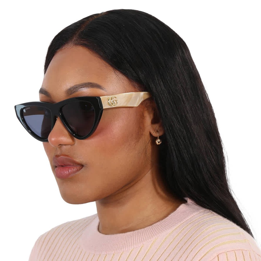 Gucci GG1333S 004 Women's Black Ivory Blue Cat Eye Sunglasses 58mm