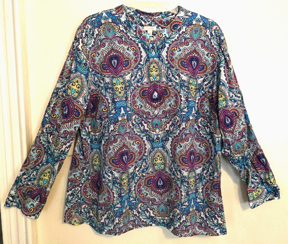 Talbots Womens Blouse 2X Plus Paisley Blue White Button Up Shirt Top Long Sleeve
