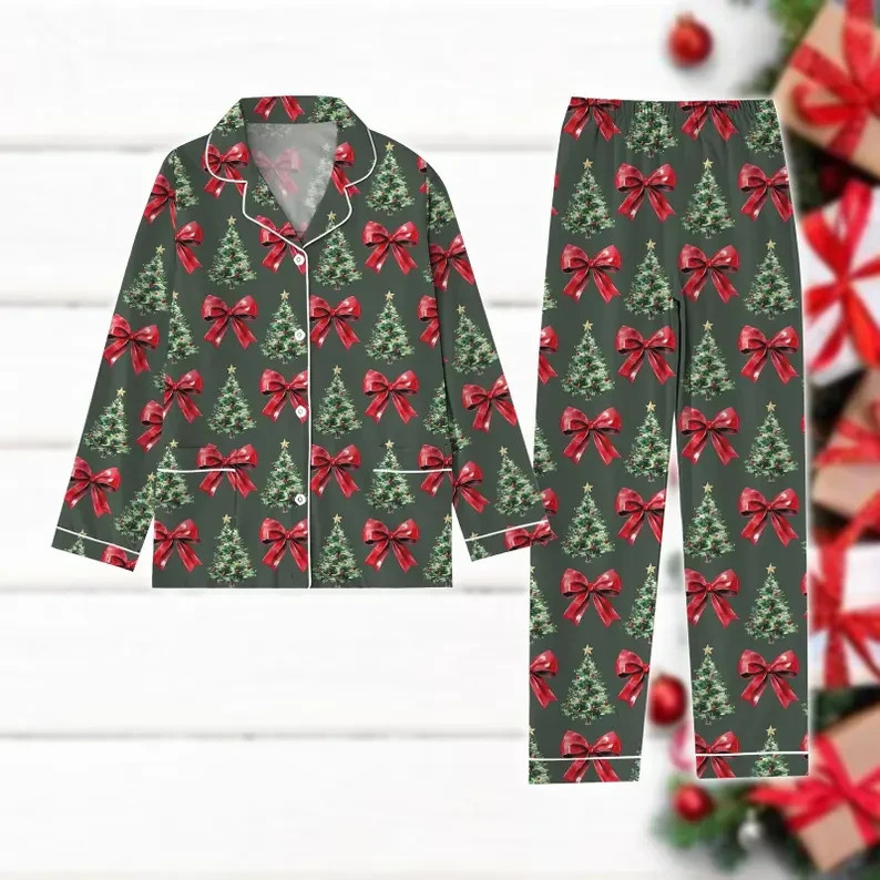 Unisex Christmas Tree Bow Pajama Set Festive Holiday Long Sleeve Top & Pants