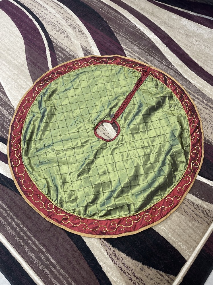 Burgundy Maroon Olive Green Gold Silk Accent Christmas Tree Skirt Approx 45”-image