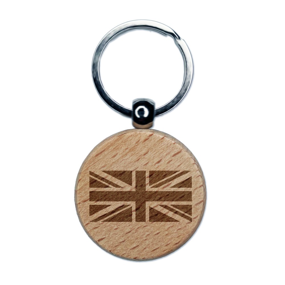 United Kingdom Flag Union Jack Engraved Wood Round Keychain Tag Charm