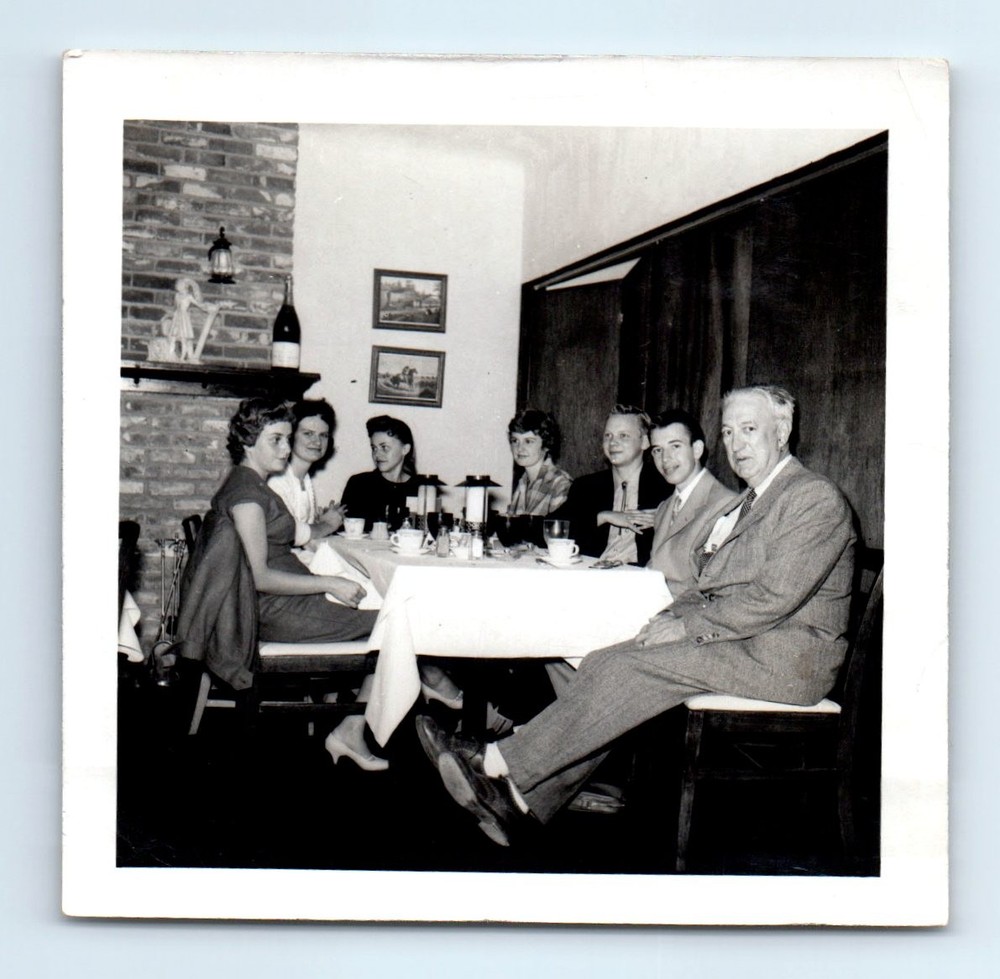 Old Vintage Square Photo MEN WOMEN AT DINING TABLE DINNER PARTY SNAPSHOT