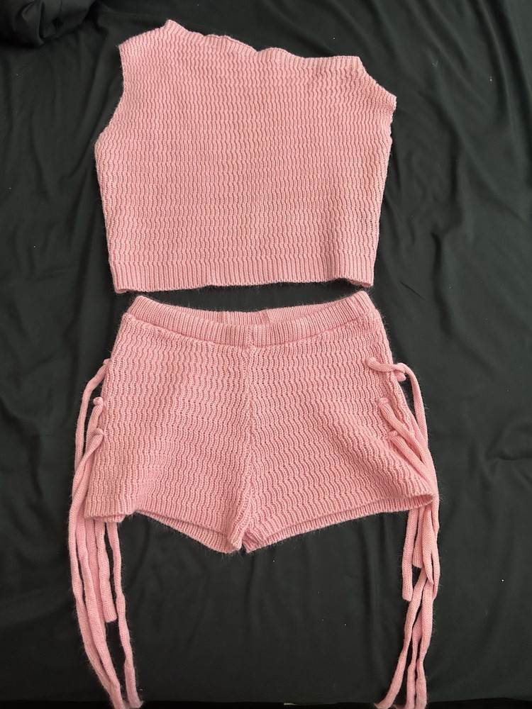 Pink Ribbed Knit 2 Piece Set One-Shoulder Crop Top Drawstring Shorts